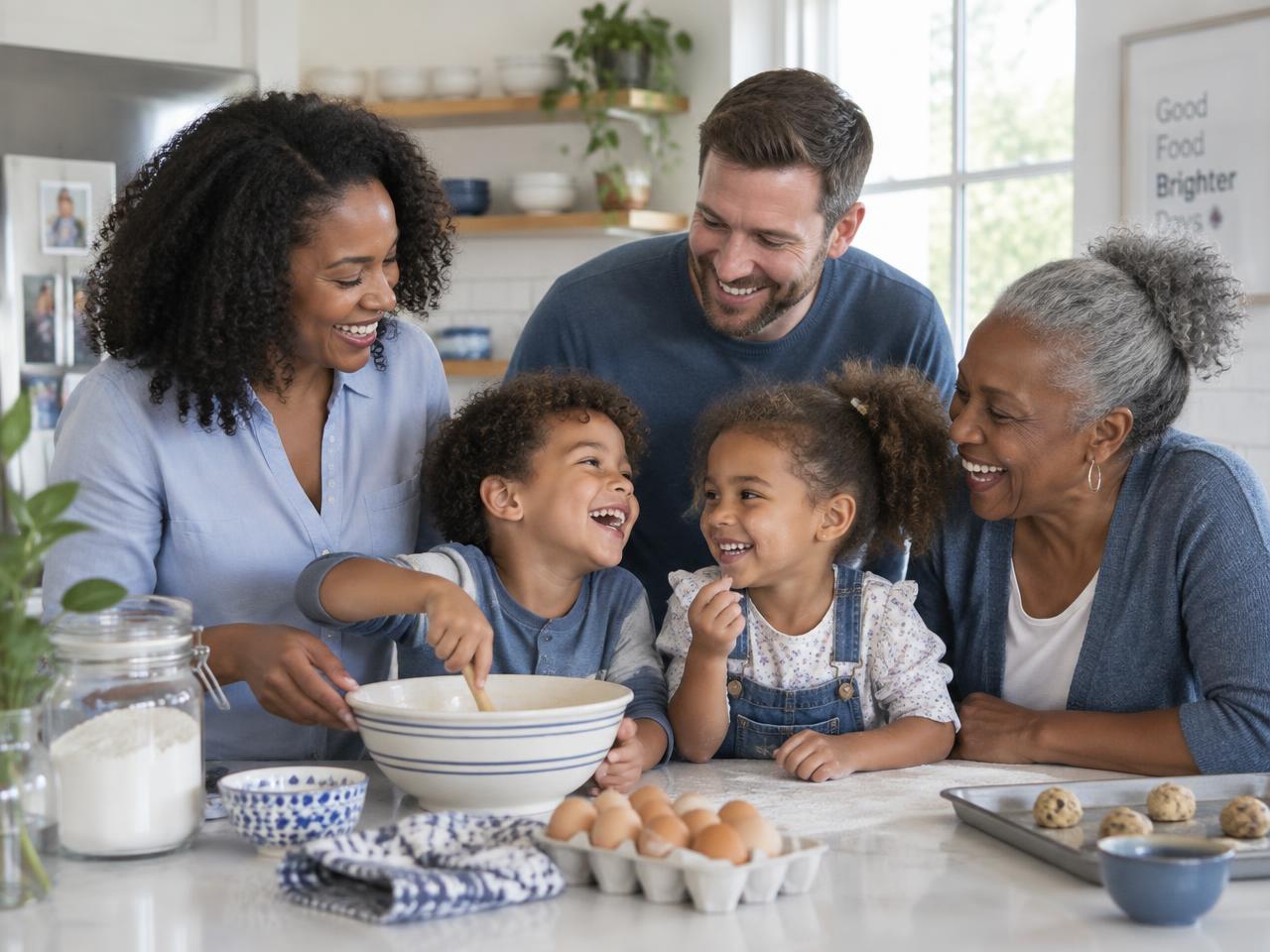 A family baking together in the kitchen